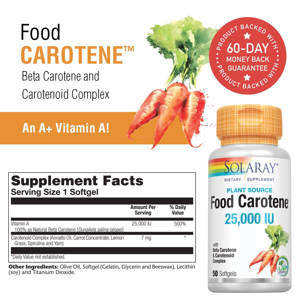 Solaray Food Carotene, Vitamin a as Beta Carotene 25000IU | Carotenoids for Healthy Skin & Eyes, Antioxidant Activity & Immune System Support | 50Ct