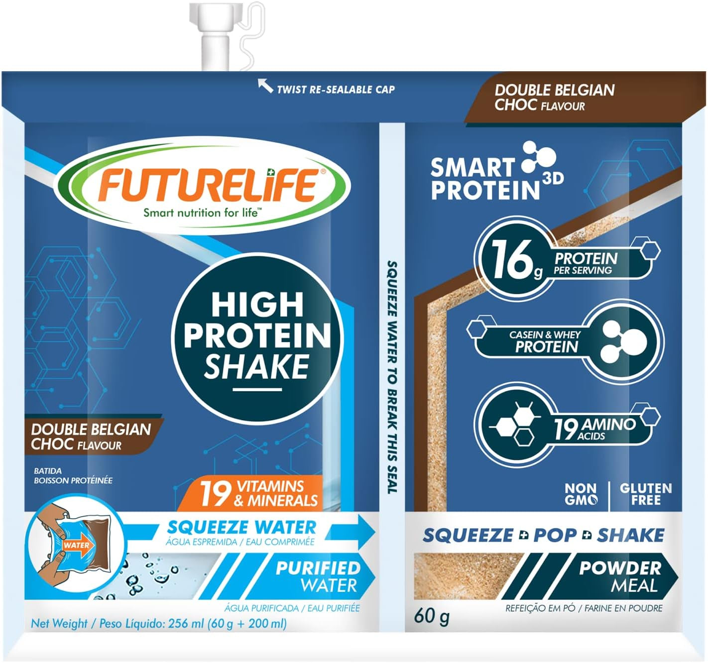 FUTURELIFE High Protein Shake | 200G + 60G Dual Shake | Belgium Chocolate | Smartprotein3D | Casein & Whey Protein | Low GI | Gluten Free | 16G Protein | Convenient & Hygienic | 16 Pack |