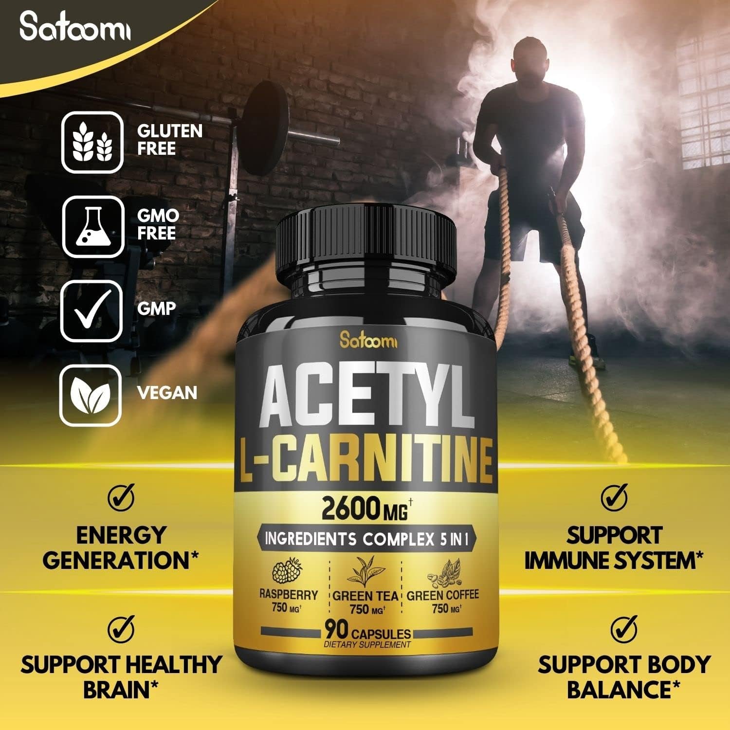 5In1 Acetyl L-Carnitine Complex Capsules - 2600Mg Daily - Body, Brain & Immune Health Support - Combined Alpha Lipoic Acid, Green Tea, Green Coffee Bean & Raspberry Ketones - 90 Counts for 3 Month