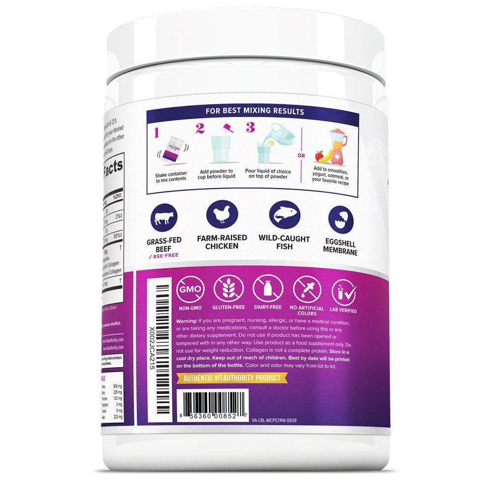 Multi Collagen Peptides plus Hyaluronic Acid and Vitamin C, Hydrolyzed Collagen Protein, Types I, II, III, V and X Collagen, Strawberry Flavor, 30 Servings
