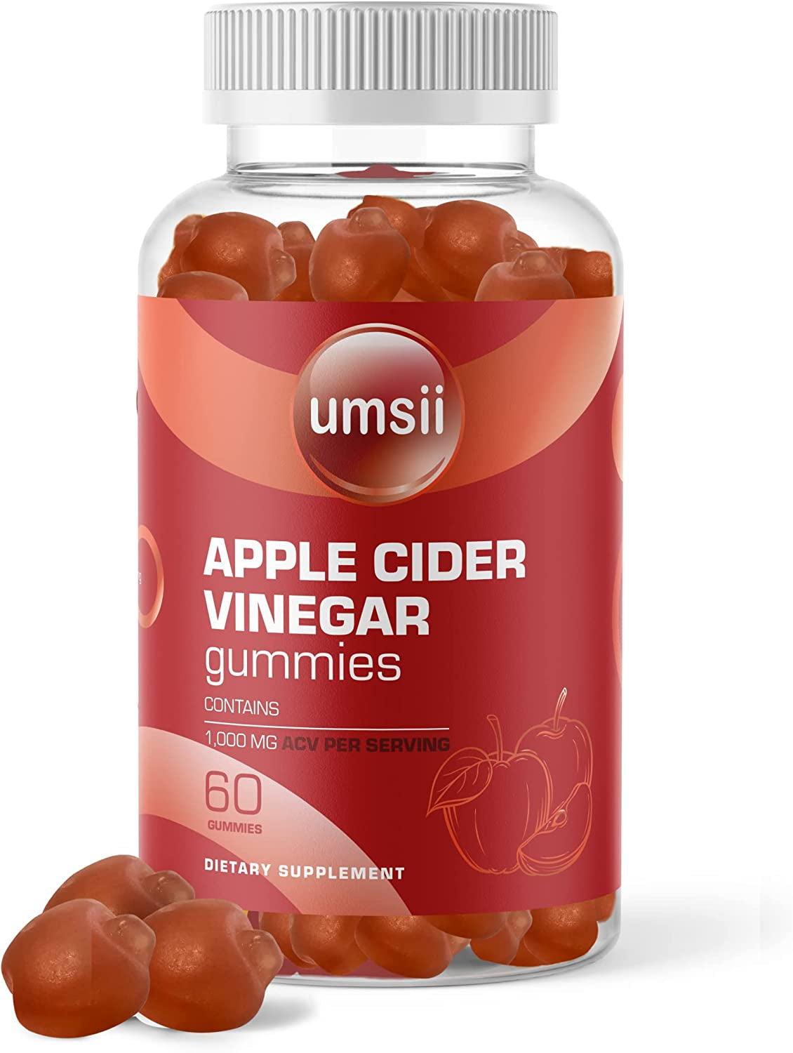 Umsii Apple Cider Vinegar Gummies | 1,000 Mg Organic Extract | Can Promote Gut Health | Men & Women | 60 Count Bottle