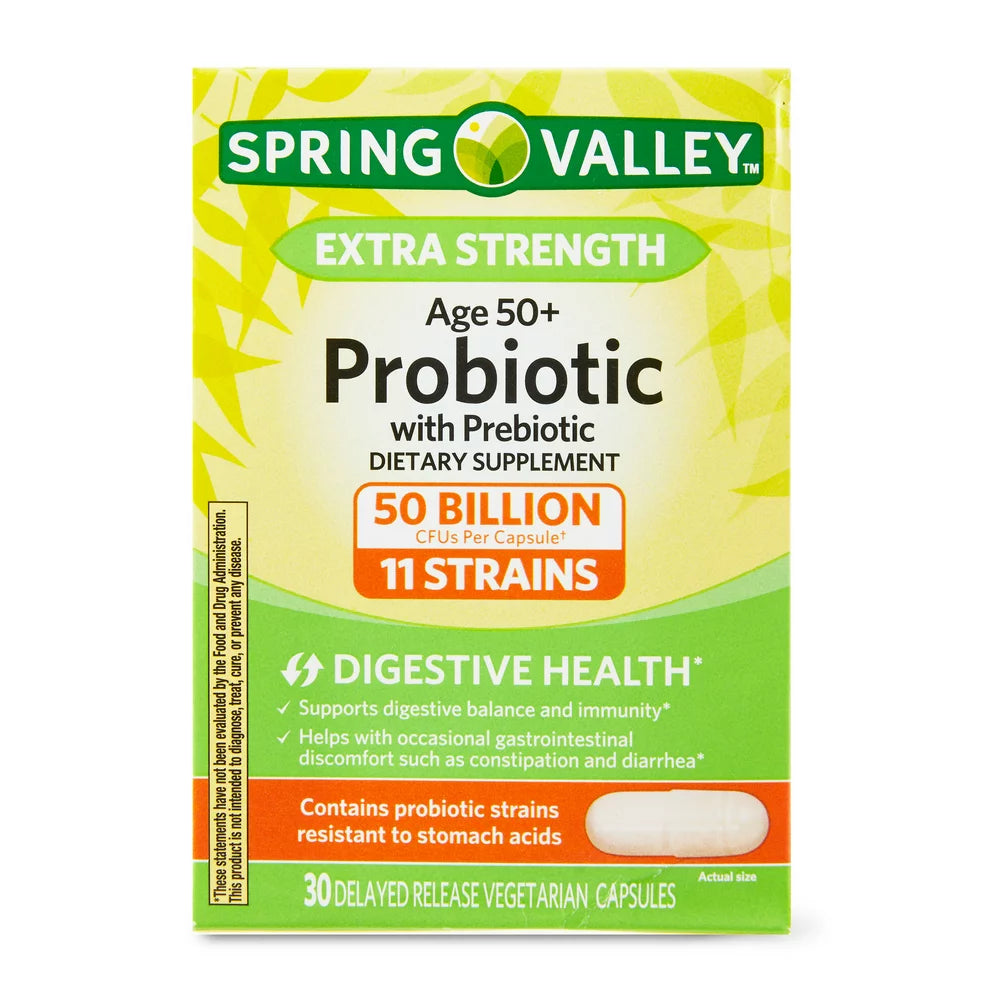 Spring Valley Extra Strength Age 50+ Probiotic with Prebiotic Dietary Supplement Delayed Release Vegetarian Capsules for Digestive Health, 30 Count