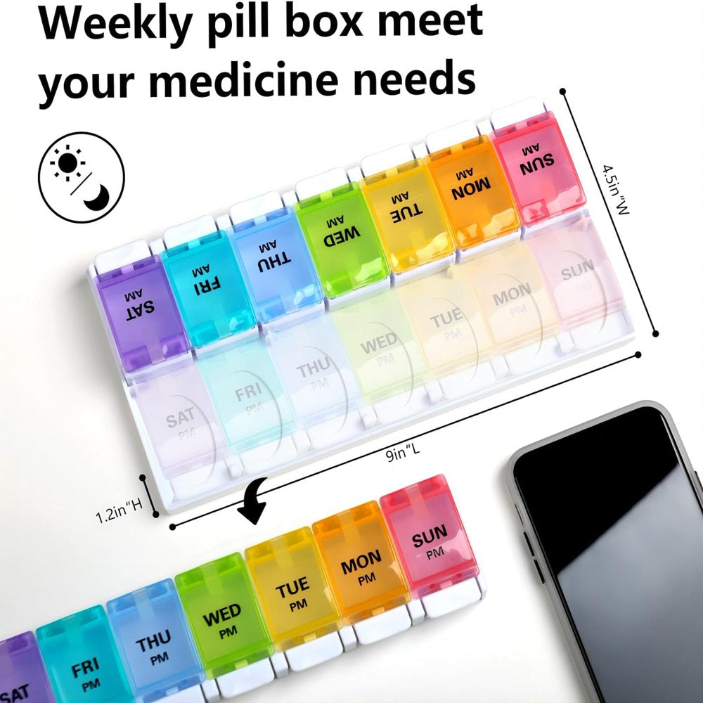 Sukuos 7 Day Weekly Pill Organizer with 2 Times a Day Compartment - AM PM, Pill Holder, Daily Pill Box Planner for Pills, Vitamins, Fish Oil, Supplements, Large with Moisture Proof, Rainbow