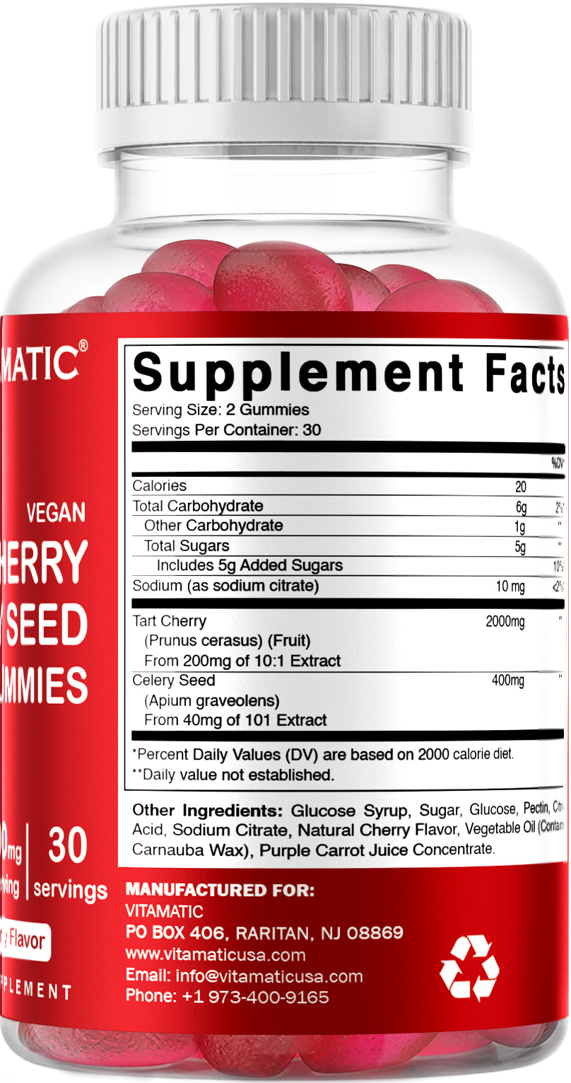 Vitamatic Tart Cherry with Celery Seed Gummies - 2400 Mg Serving - Powerful Uric Acid Cleanse for Joint Comfort, Healthy Sleep Cycles & Muscle Recovery