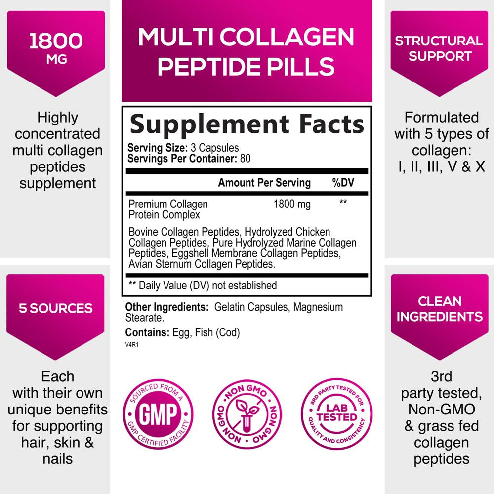 Multi Collagen Complex Pills - Type I, II, III, V, X, Grass Fed & Non-Gmo Hydrolyzed Collagen Peptides Supplement - Supports Hair, Nails, Skin & Joint Health, Gluten-Free, Paleo & Keto - 240 Capsules