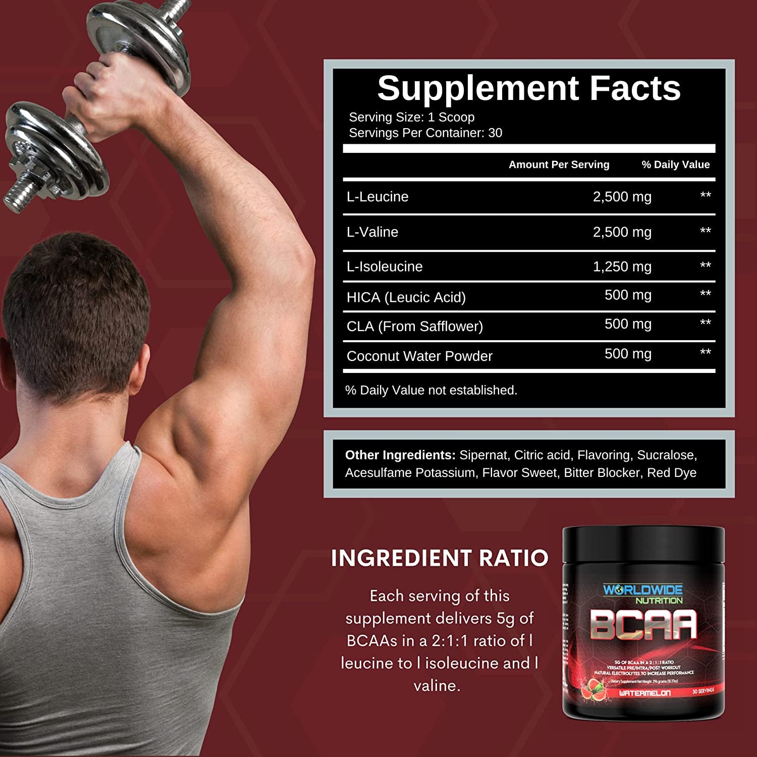 Worldwide Nutrition BCAA Powder - Branched Chain Amino Acids -2:1:1 Ratio Pre Intra Post Workout Supplement for Men and Women - Natural Electrolytes Powder for BCAA Energy - Watermelon - 30 Servings