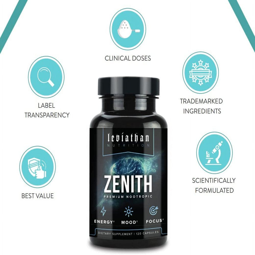 Leviathan Zenith Premium Nootropic Brain Supplement for Concentration, Brain Support for Energy, Memory and Focus - Lions Mane Mushroom, Ashwagandha - 120 Capsules