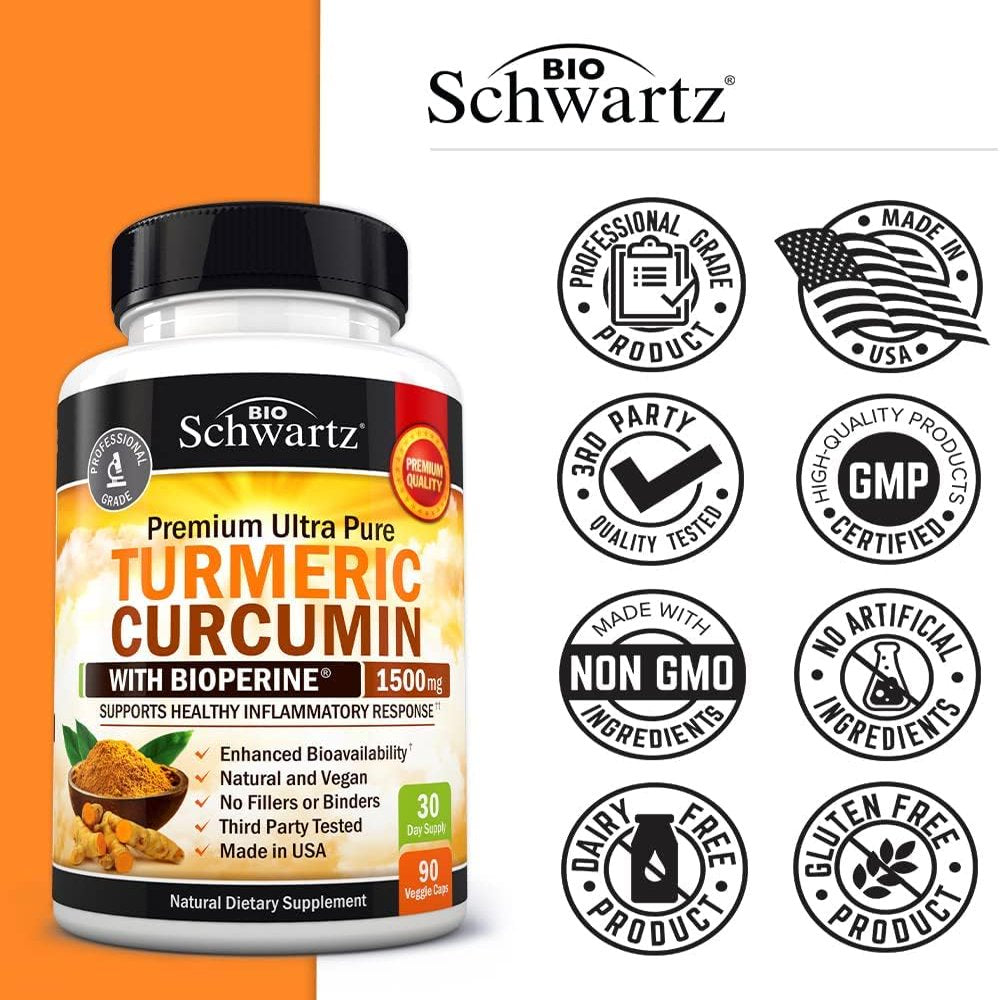 Bioschwartz Turmeric Curcumin with Bioperine 1500Mg | Turmeric Capsules with Black Pepper, 90Ct