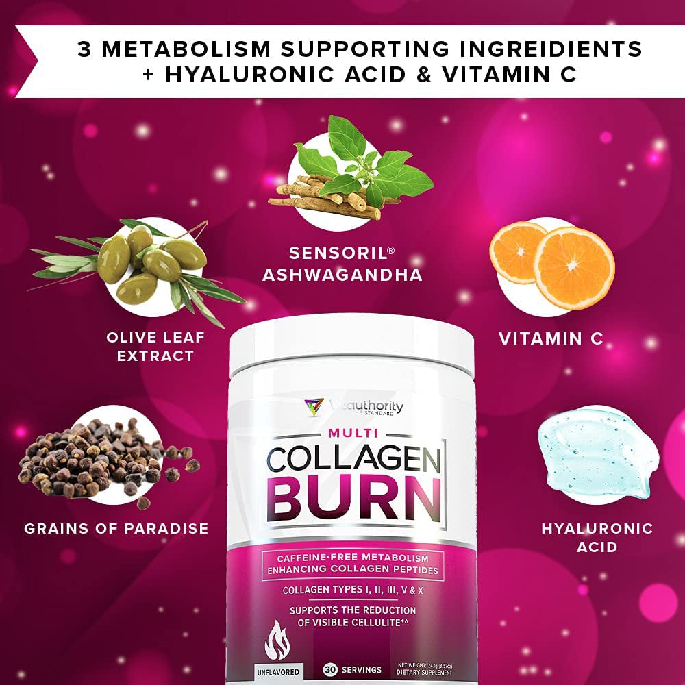 Vitauthority Multi Collagen Burn - Metabolism Support & Cellulite Smoothing Collagen Peptides Powder Unflavored with Vitamin C - Hydrolyzed Collagen for Weight Loss Powder for Women 30 Servings