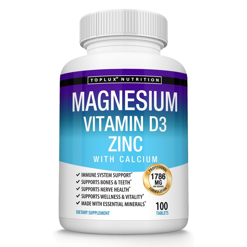 Toplux Magnesium Zinc Vitamin D3 Calcium - Support Bone & Muscle Health, Immune System 100 Tablets