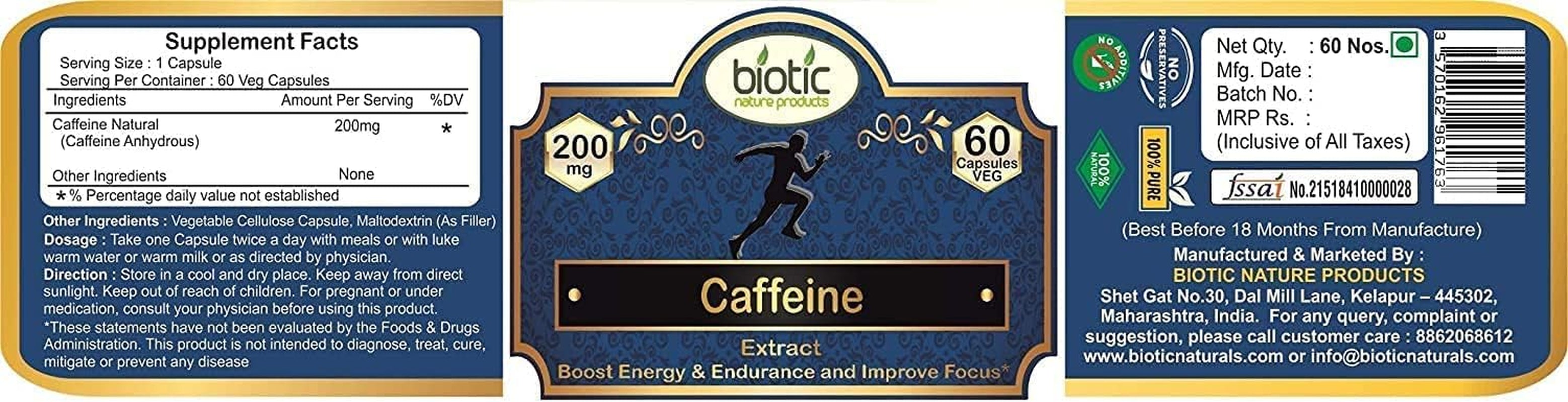 TARIN Biotic Natural Caffeine 200Mg Supports Energy Endurance & Focus - 60 Veg Capsules