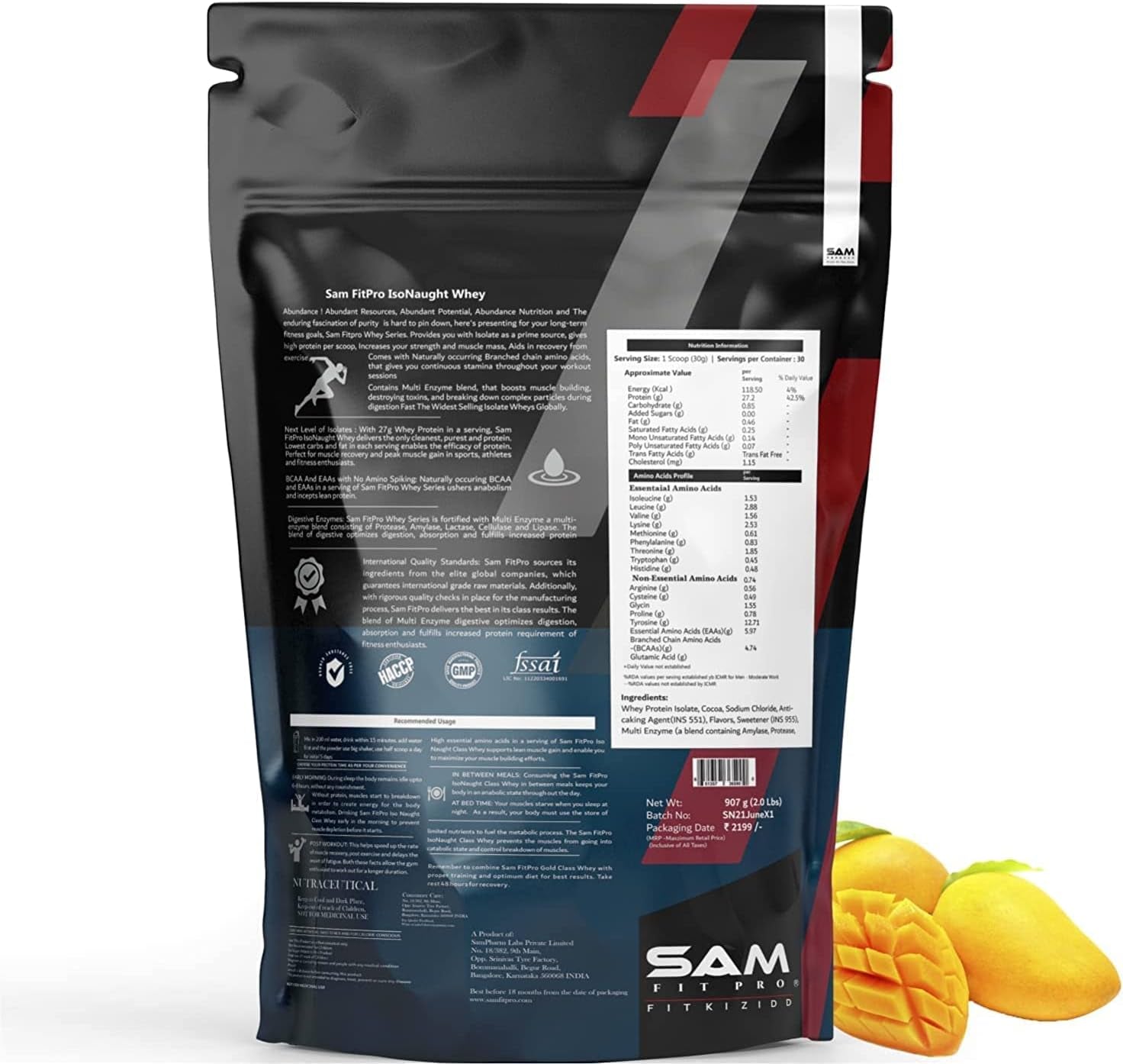 SPEC Samfit Pro Isonaught Whey Protein Isolate | Mango Mighty | 907G | 28 Gram Protein per Scoop | USA Made Whey