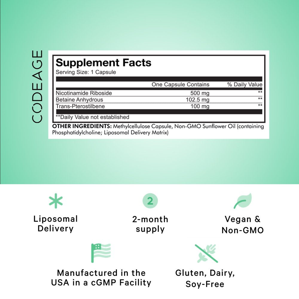 Codeage Liposomal Nicotinamide Riboside Supplement 500Mg NR+, Betaine Anhydrous Pterostilbene, 60 Ct