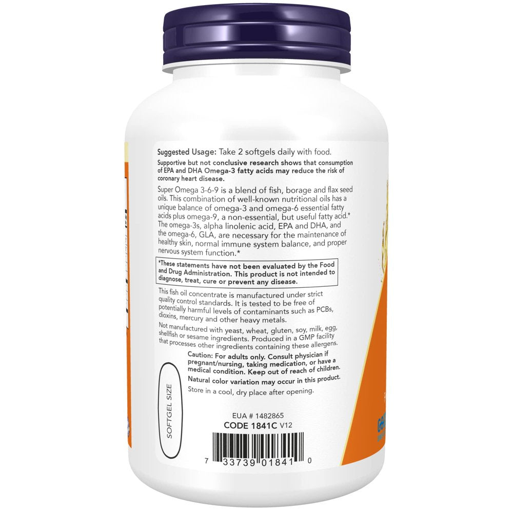 Now Supplements, Super Omega 3-6-9 1200 Mg with a Blend of Fish, Borage and Flax Seed Oils, 180 Softgels