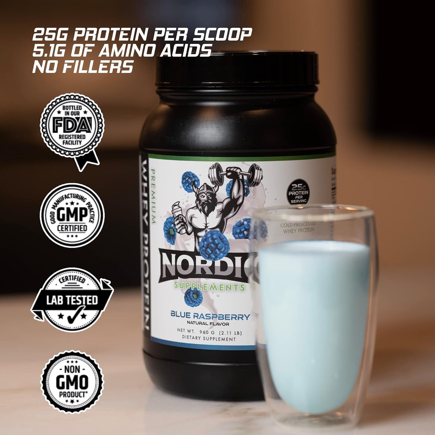 Nordic Supplements Blue Raspberry Protein Powder Ultra Filtered Cold Processed Whey Protein Shake | Advanced Formula 25G of Protein 30 Servings