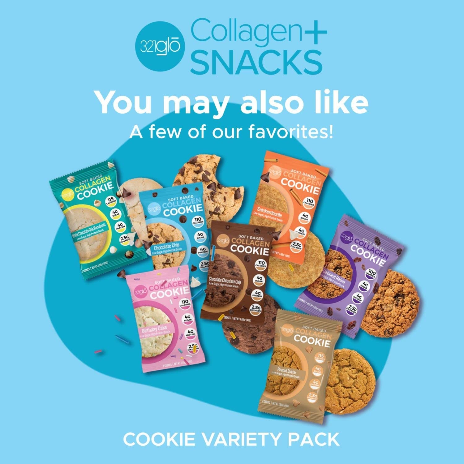 321Glo Collagen Cookies | Soft Baked, High Protein Cookies | Low Carb, Low Sugar | Keto Snack for Women, Men, & Kids | 12 Pack (Chocolate Chip)