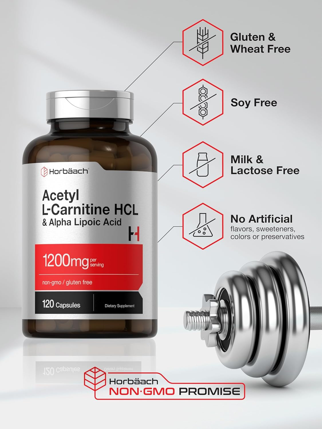 Acetyl L Carnitine HCL & Alpha Lipoic Acid 1200Mg | 120 Capsules | ALC ALA Complex | Non-Gmo & Gluten Free Supplement | by Horbaach