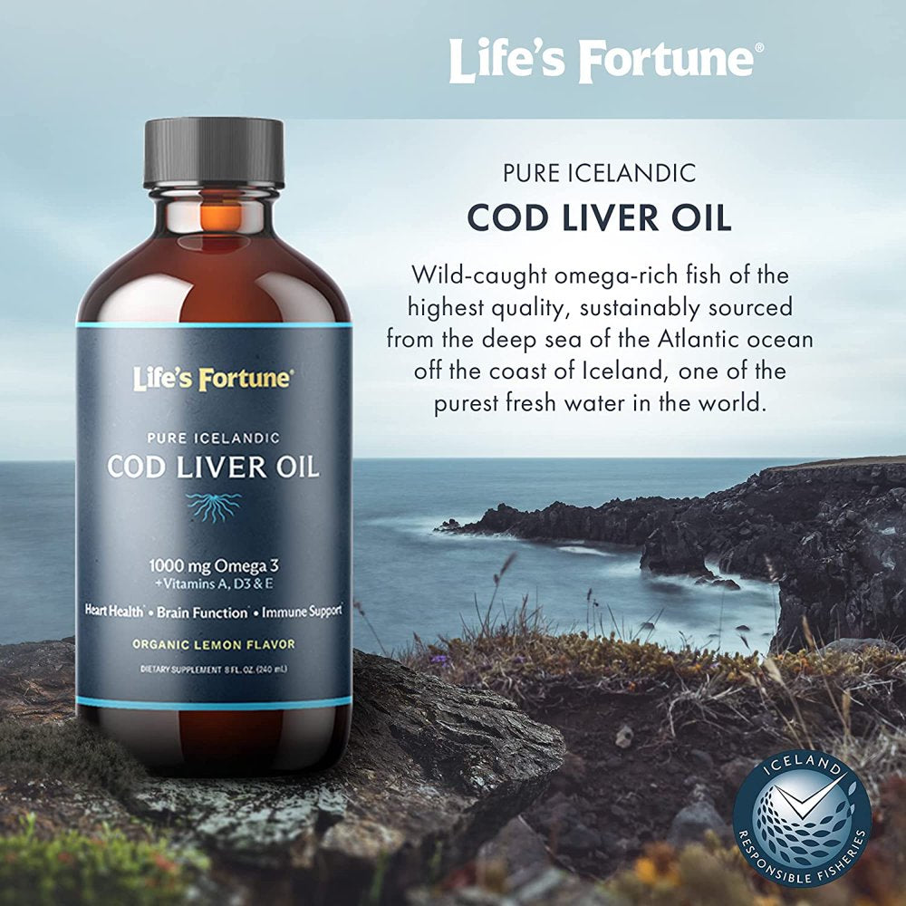 Life'S Fortune Cod Liver Oil Liquid Organic Lemon Flavor (8 Oz) 1,000 Mg Omega + Vitamin A, E & D3 - Supports Immune Health - 100% Fish Oil Supplement from Wild Ocean Cod-Gmo Free