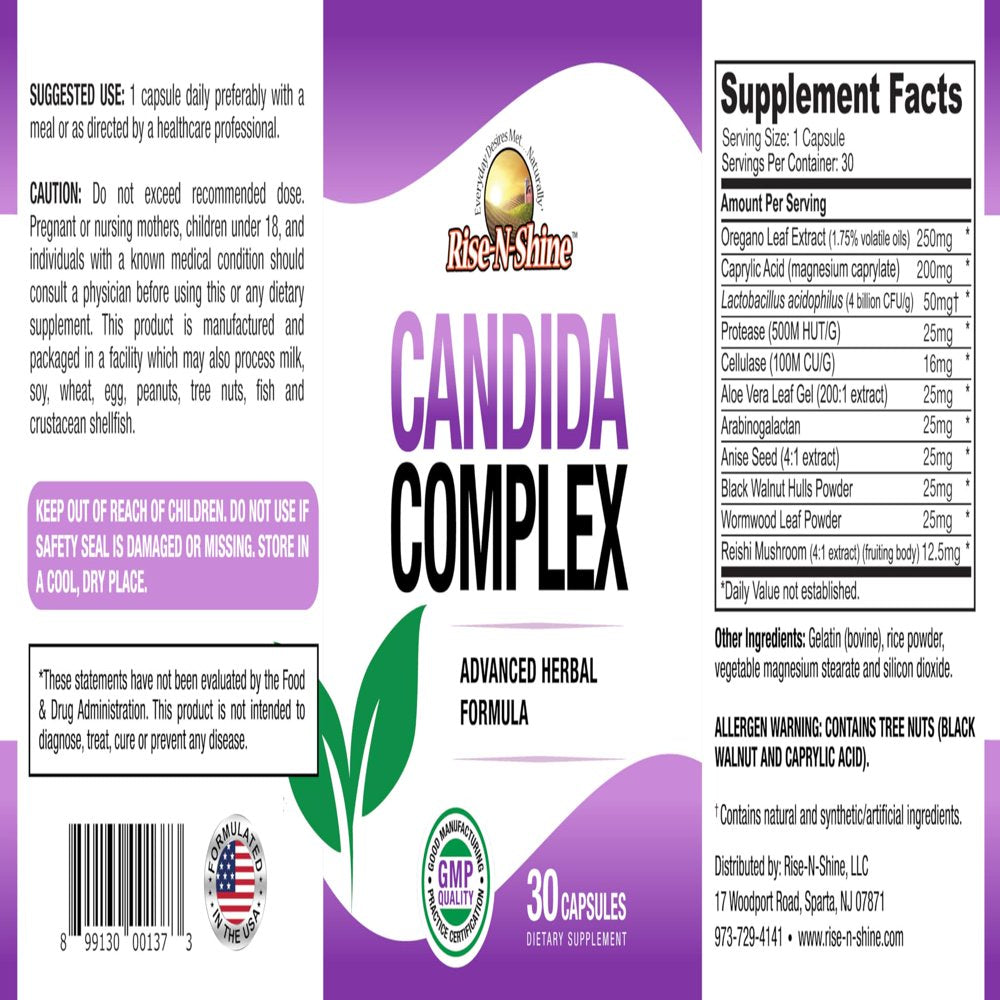 Rise-N-Shine Candida Complex, Caprylic Acid, Aloe Vera, Dietary Supplement for Men and Women, 30 Ct
