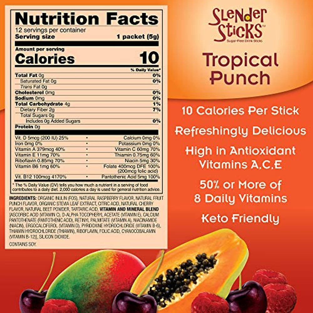 Now Foods, Slender Sticks, Tropical Punch, 15 Calories per Stick, Refreshingly Delicious, with Antioxidant Vitamins A,C, E, 12/Box