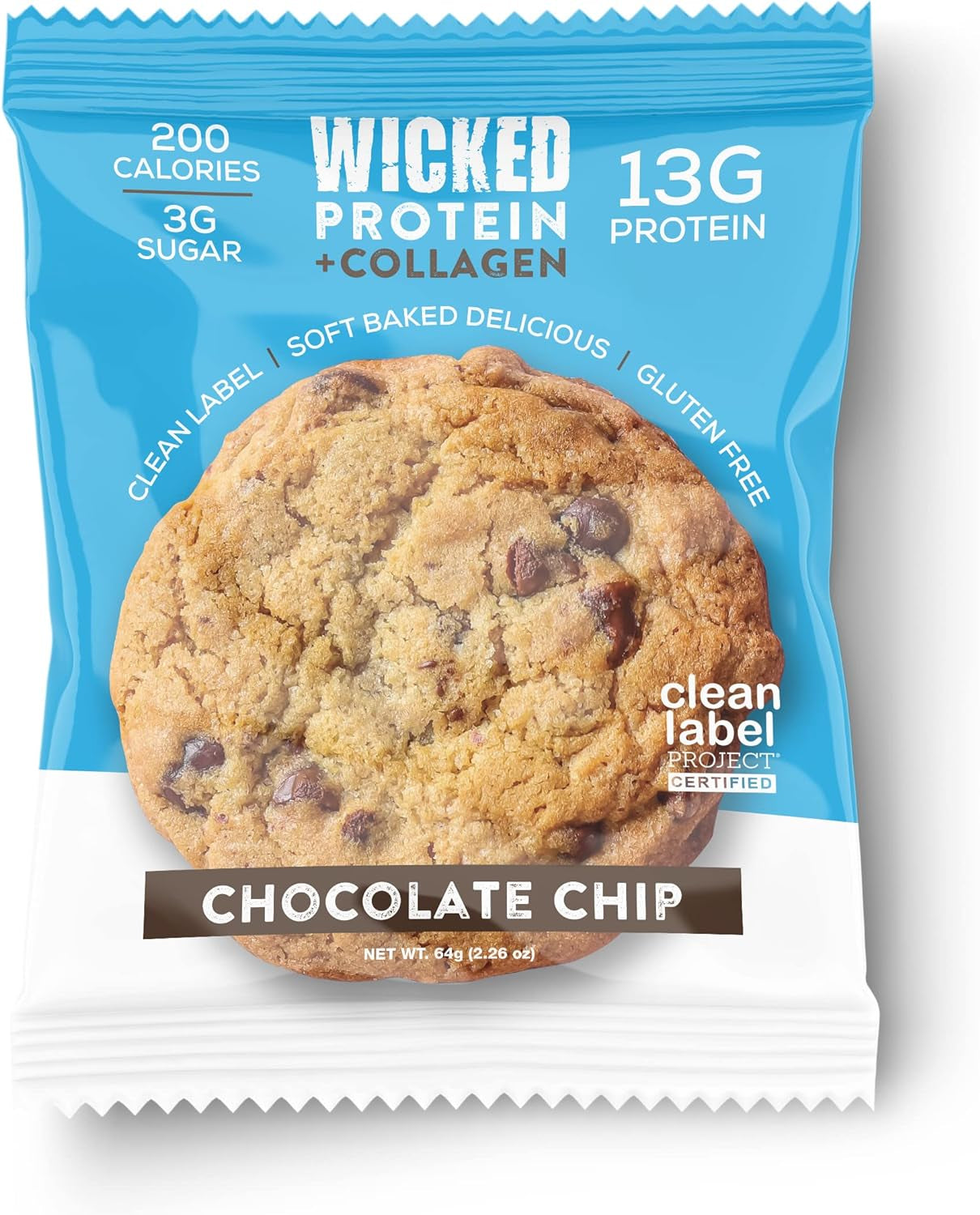 WICKED Protein Cookie, Chocolate Chip, High Protein, Low Sugar, Clean Label Project Certified, Gluten Free, Collagen, Delicious Soft Baked Protein Snack for Women and Men (Chocolate Chip, 6)