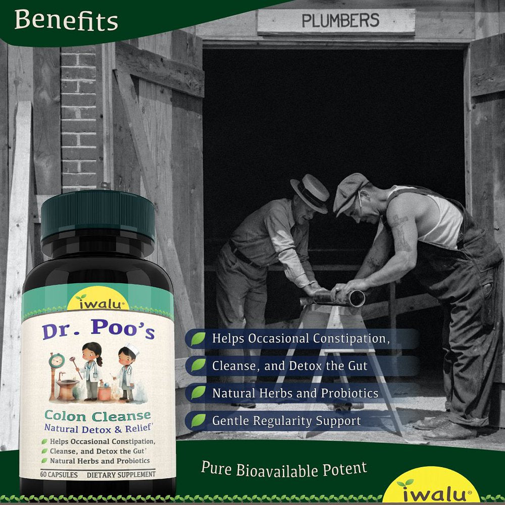 Dr Poos Colon Cleanse Detox & Repair - Fast Acting Constipation Relief, Extra Strength Cleansing & Bloating Support, Probiotic, Cascara Laxative, Bentonite Psyllium Fiber Supplement Iwalu 60 Capsules