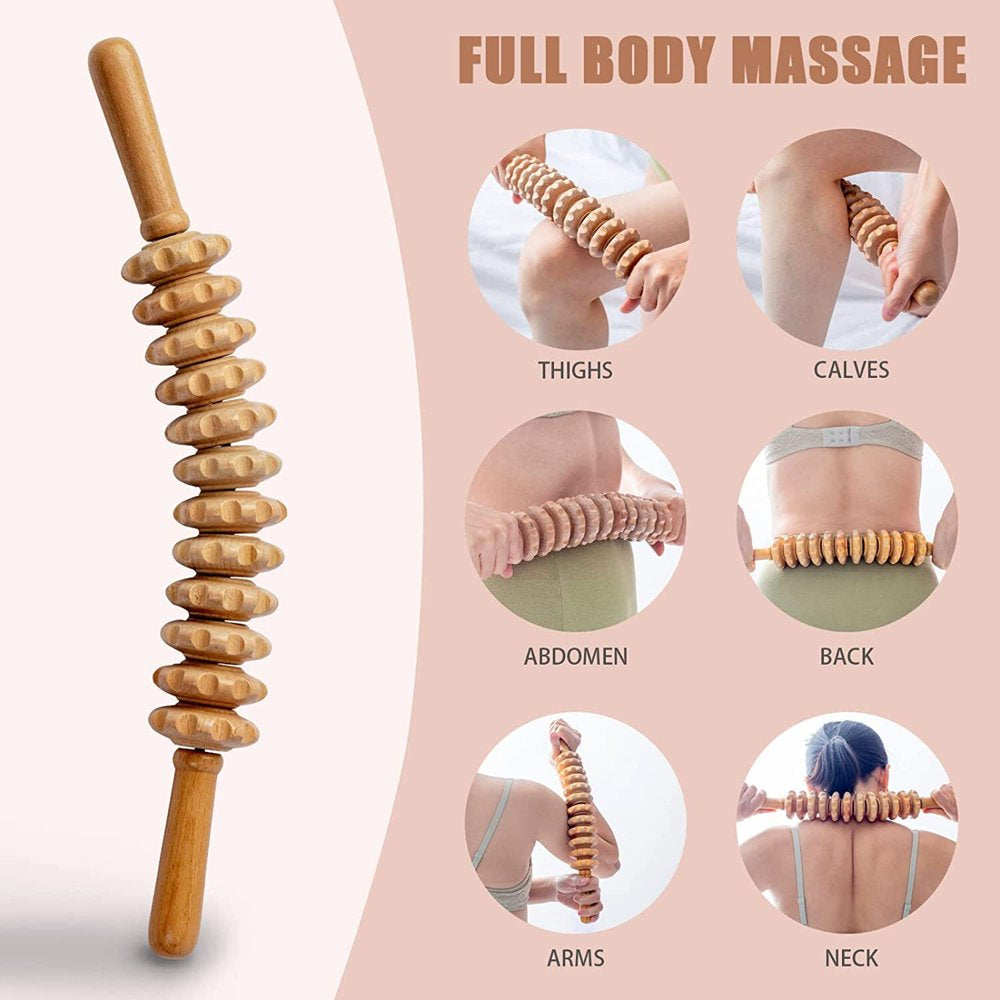 Wooden Curved Massager Handheld Roller Stick, 12 Rollers Trigger Point Manual Body Therapy Massager for Fascia, Cellulite, Muscle & Lymphatic Drainage, Muscle Belly Waist Relief Tool