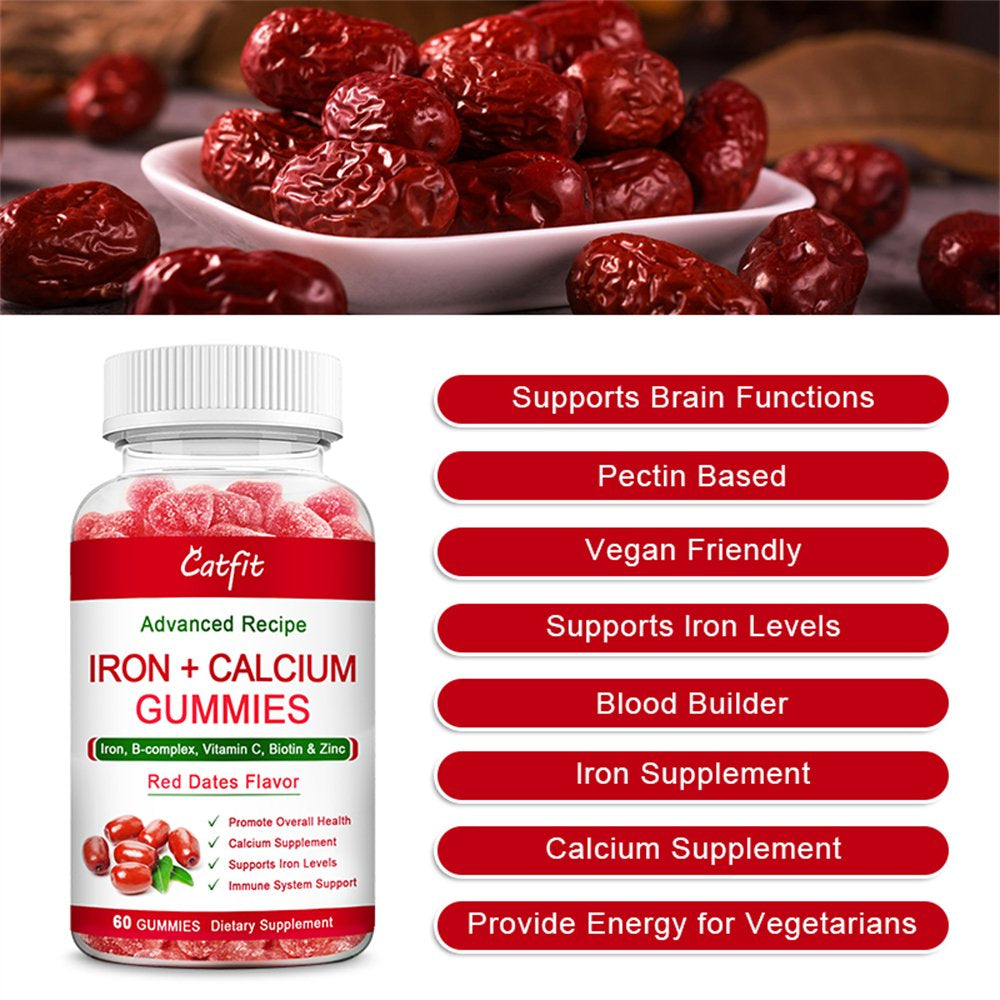 Catfit Red Dates Flavor Iron + Calcium Gummies Supplement with Vitaminc - Immune & Energy Support - 60 Gummies