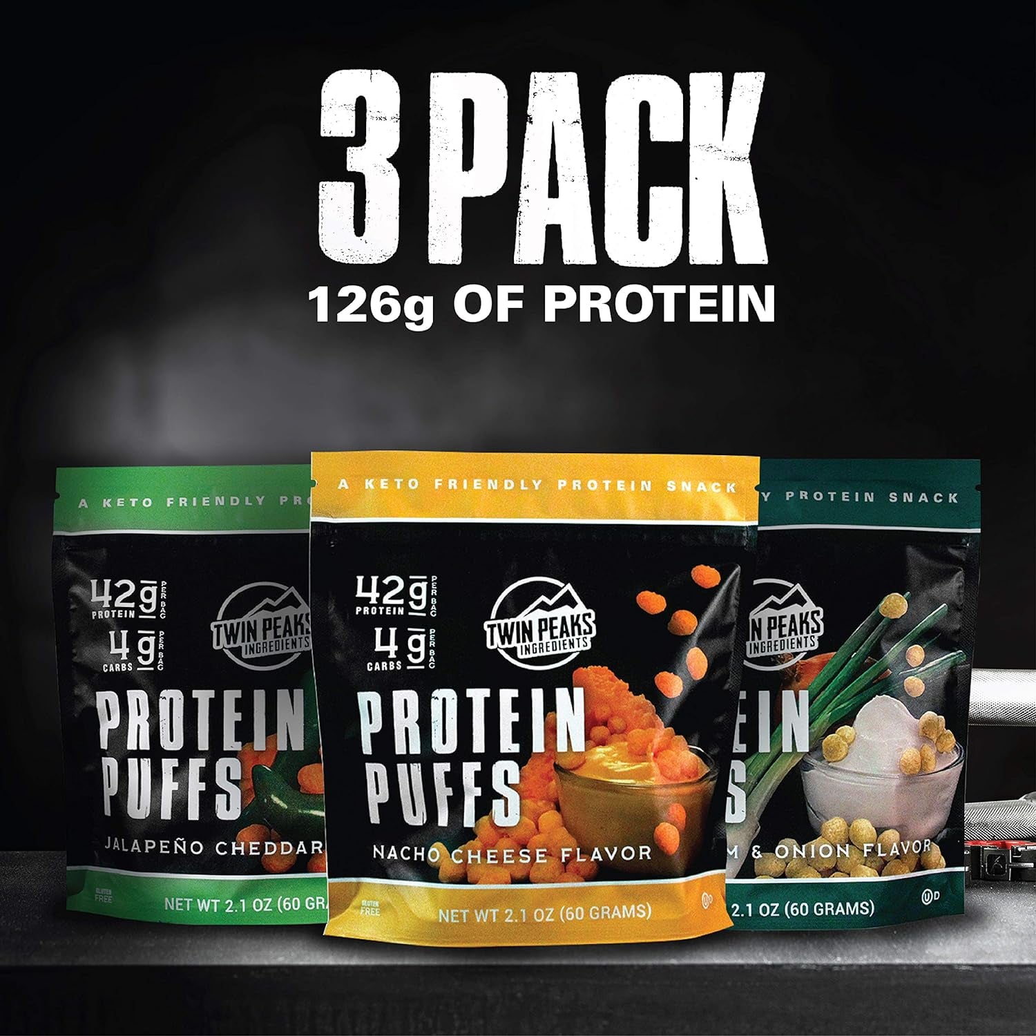 Twin Peaks Low Carb, Keto Friendly Protein Puffs, 3 Bags of Assorted Flavor Puffs + 1 Jug Nacho Cheese Flavor Puffs