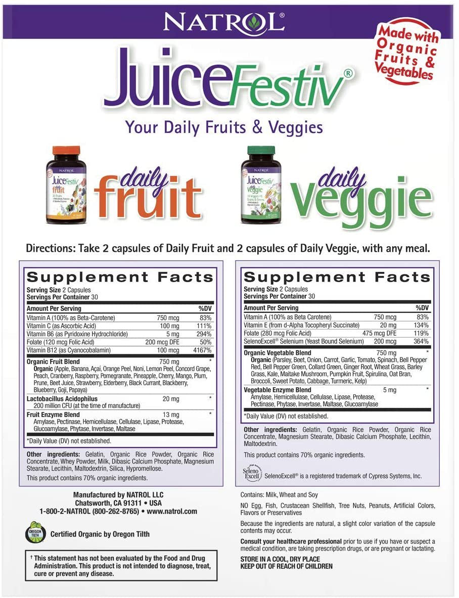 Natrol, Juicefestiv Daily Fruits & Veggies Capsules, 120 Count (Two 60 Count Bottles)