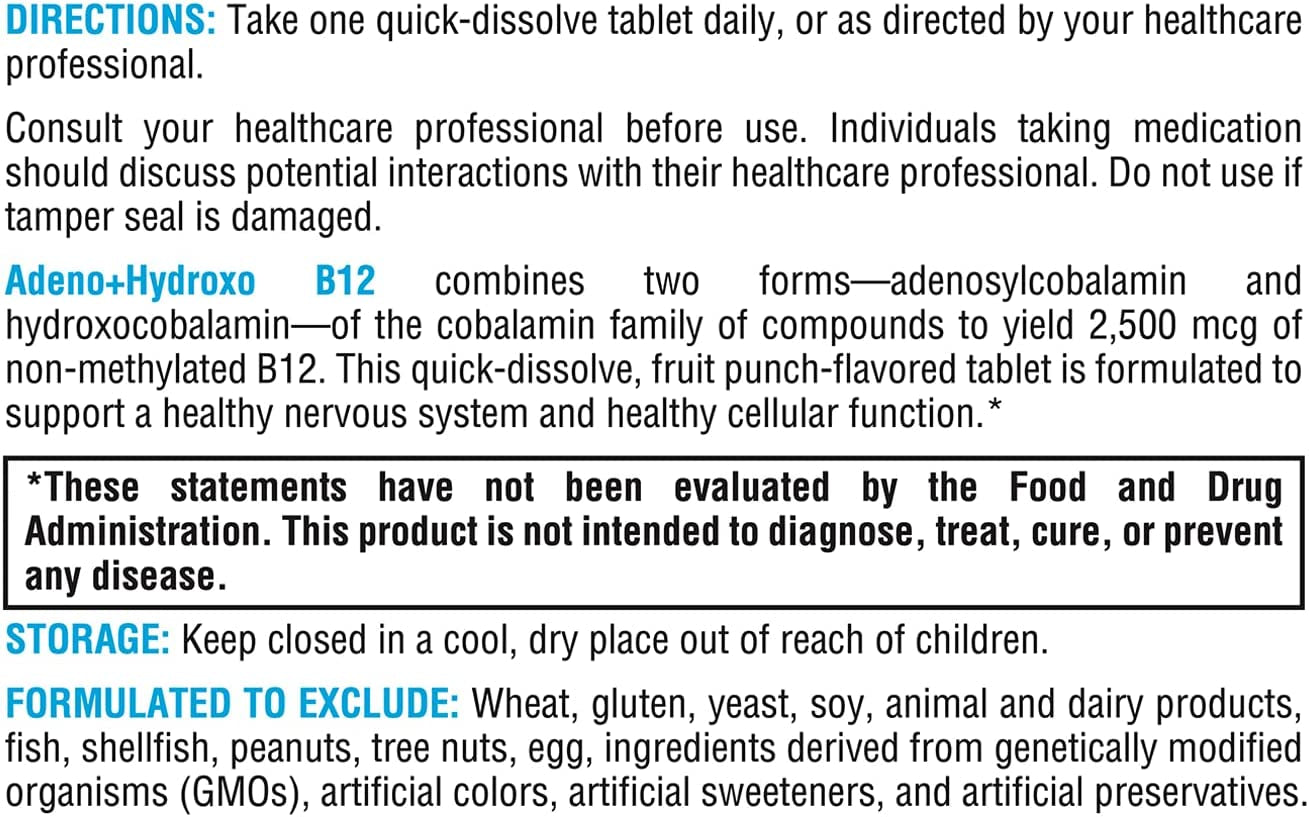 XYMOGEN Adeno+Hydroxo B12 - Non-Methylated B12 (2,500Mcg) - Quick-Dissolve B12 Lozenges with Adenosylcobalamin B12 + Hydroxocobalamin B12 - Cognitive Support, Fruit Punch Flavor (60 Tablets)