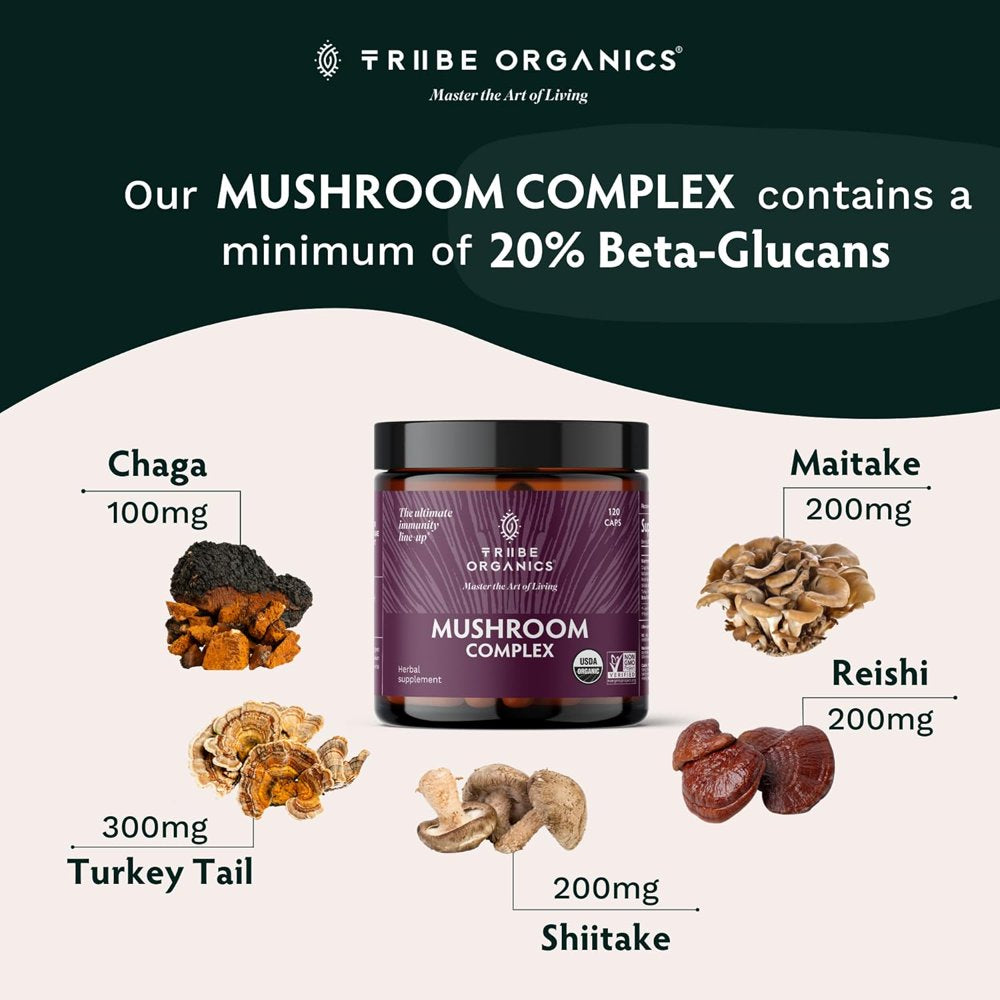 Tribe Organics Superfood Mushroom - Complex 1000Mg with Chaga,Reishi,Maitake Immune Boost - 120 Caps