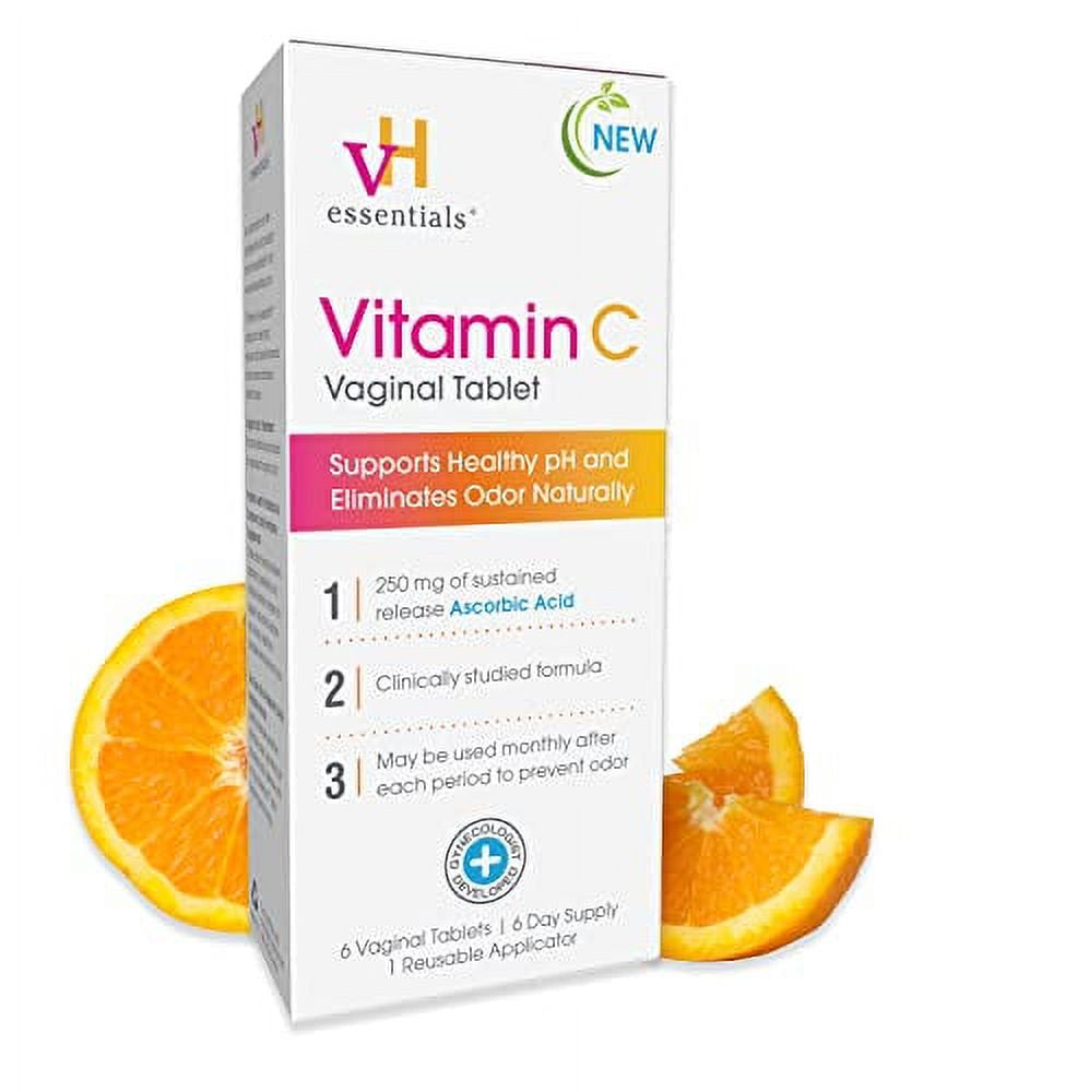 Vh Essentials Vitamin C Vaginal Tablet | Boric Acid Suppository Alternative | Supports Healthy Ph and Eliminates Vaginal Odor Naturally, Vaginal Suppositories for Vaginal Health 6 Count, 1 Applicator