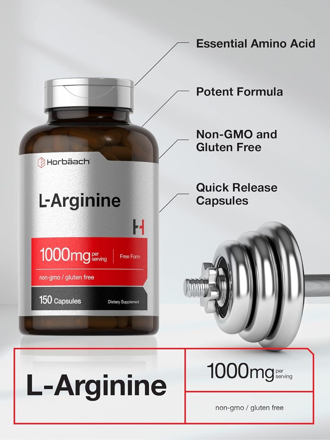 L Arginine 1000Mg Capsules | 150 Powder Pills | Free Form | Non-Gmo & Gluten Free Supplement | by Horbaach
