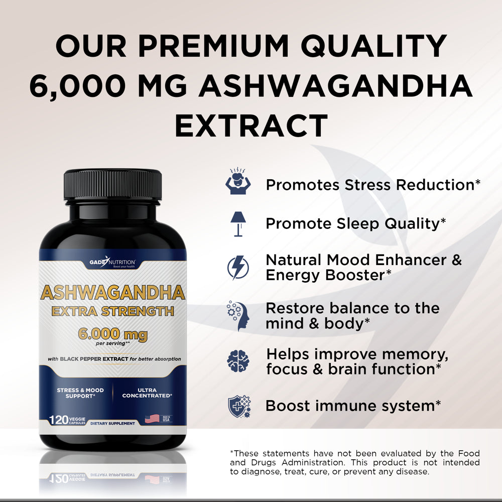 Gade Nutrition Ashwagandha Supplements - Extra Strength 6000Mg, Stress Relief Formula, Natural Mood, Focus, Energy & Immune Support - Herbal Supplement, 120 Veggie Cap