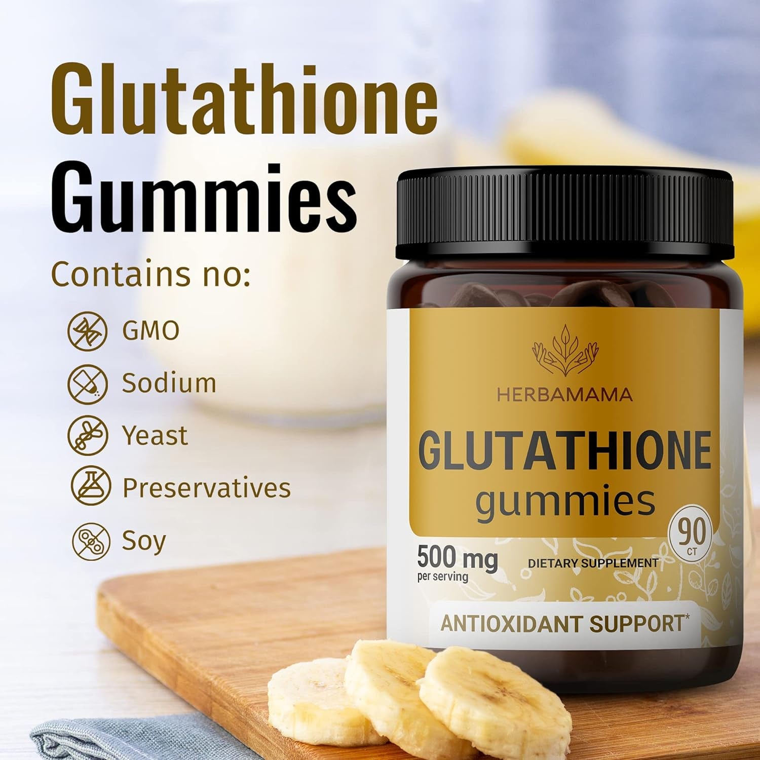 HERBAMAMA Reduced Glutathione Gummies -Antioxidant Supplement Support for Skincare & Liver Cleansing Gummy - Non-Gmo, Gluten-Free 500Mg - Banana Flavor 90 Chews per Bottle