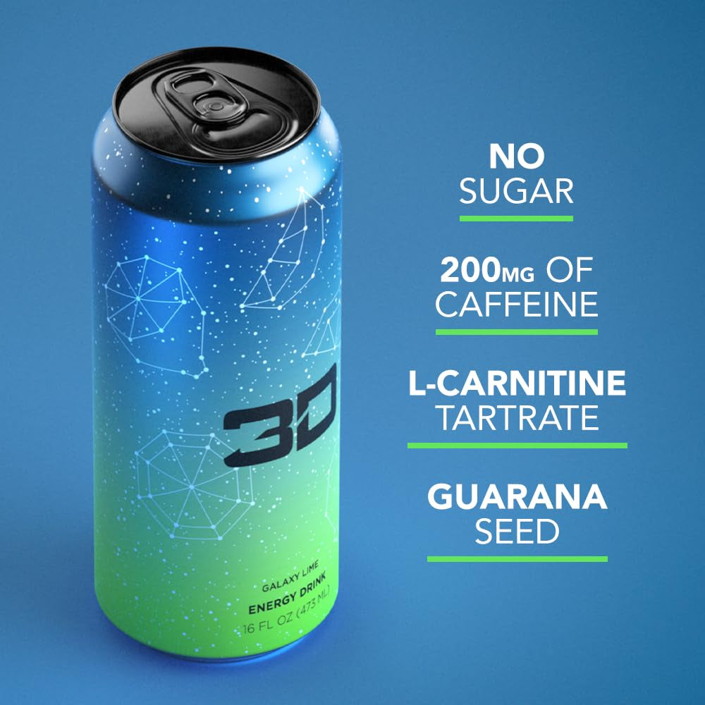 3D Energy Galaxy Lime | Sugar Free Energy Drink | Pre Workout Energy | 200Mg Caffeine with Taurine and L-Carnitine | 16 Fluid Ounce | 12 Pack | Galaxy