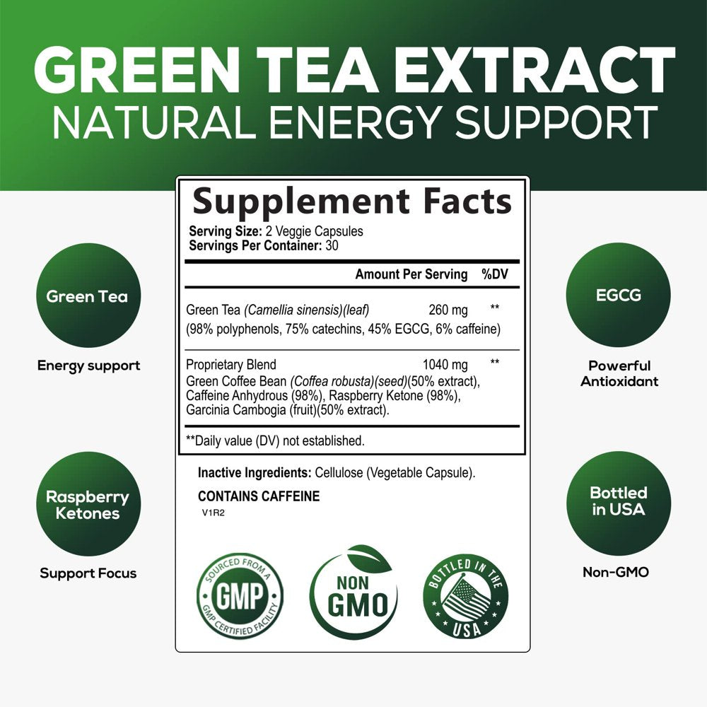 Green Tea Pills Extract - 98% Standardized EGCG 1300Mg for Natural Energy - Supports Heart Health with Antioxidants, Polyphenols, Coffee Bean Gentle Caffeine - for Women & Men - 60 Capsules