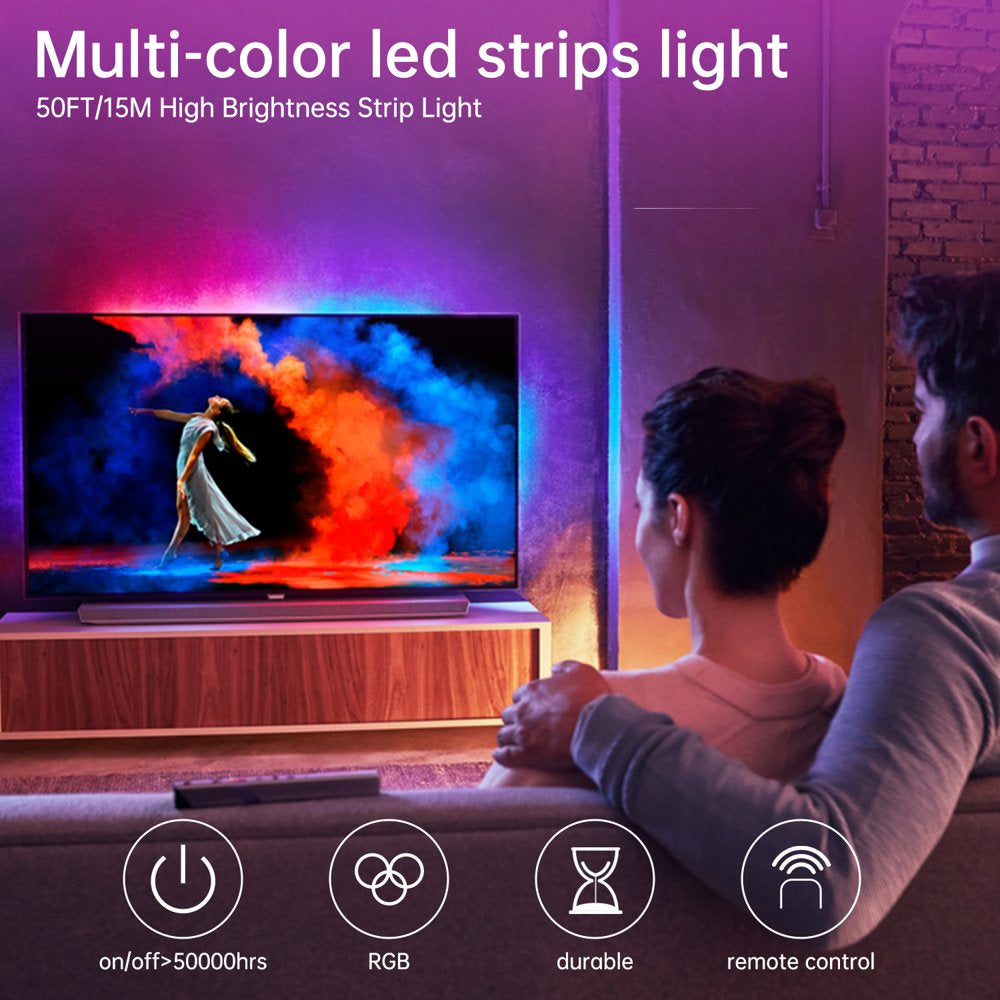 50FT/15M Strip Lights, 5050 SMD Music Sync LED Lights Strip, Smart RGB 16 Million Color Changing LED Lights with 44-Key Remote, Bluetooth APP Control & Mic for Bedroom Room Party TV DIY