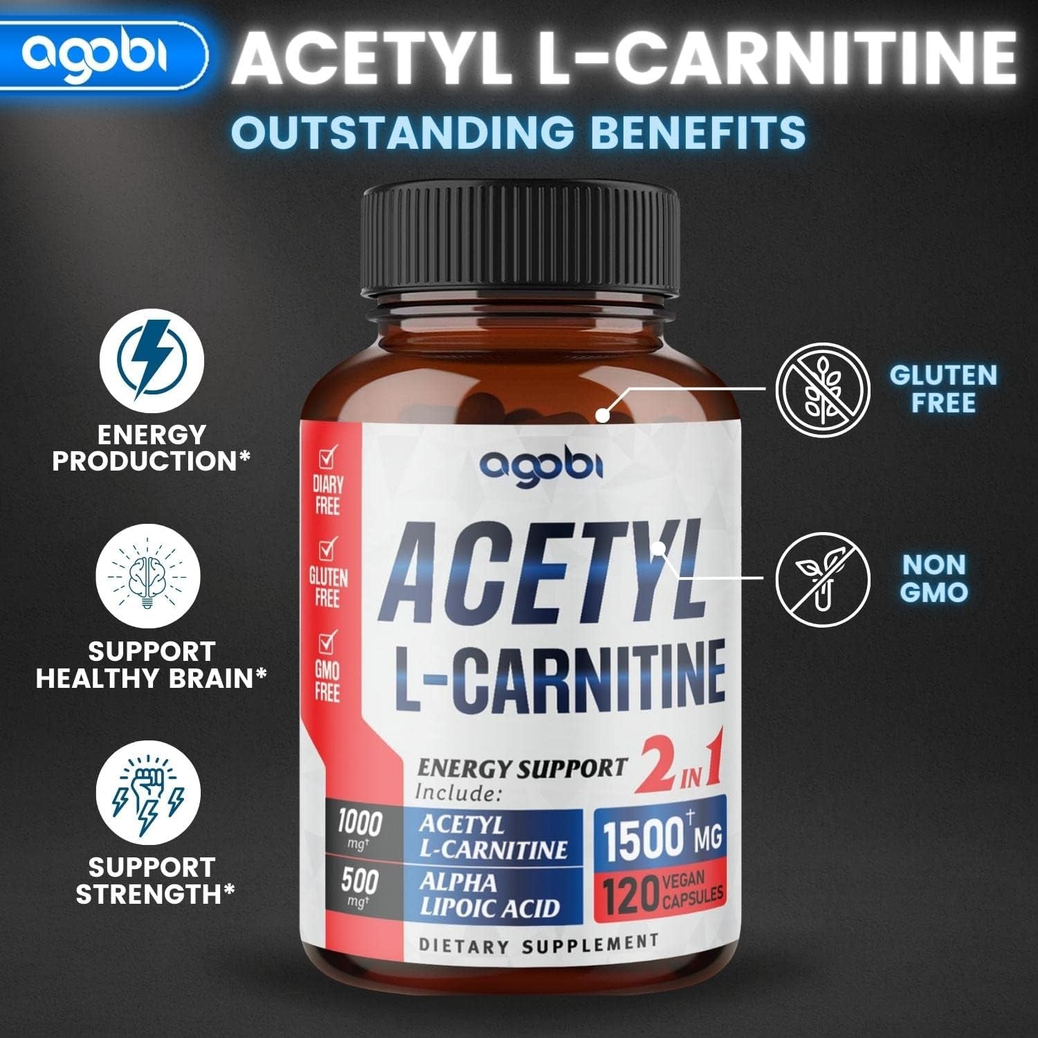 Agobi Acetyl L-Carnitine & Alpha Lipoic Acid Complex 1500Mg - Supplement for Brain Health, Memory, Focus & Mood Support - 120 Vegan Capsules for 2 Month Supply - Gluten-Free, Non-Gmo