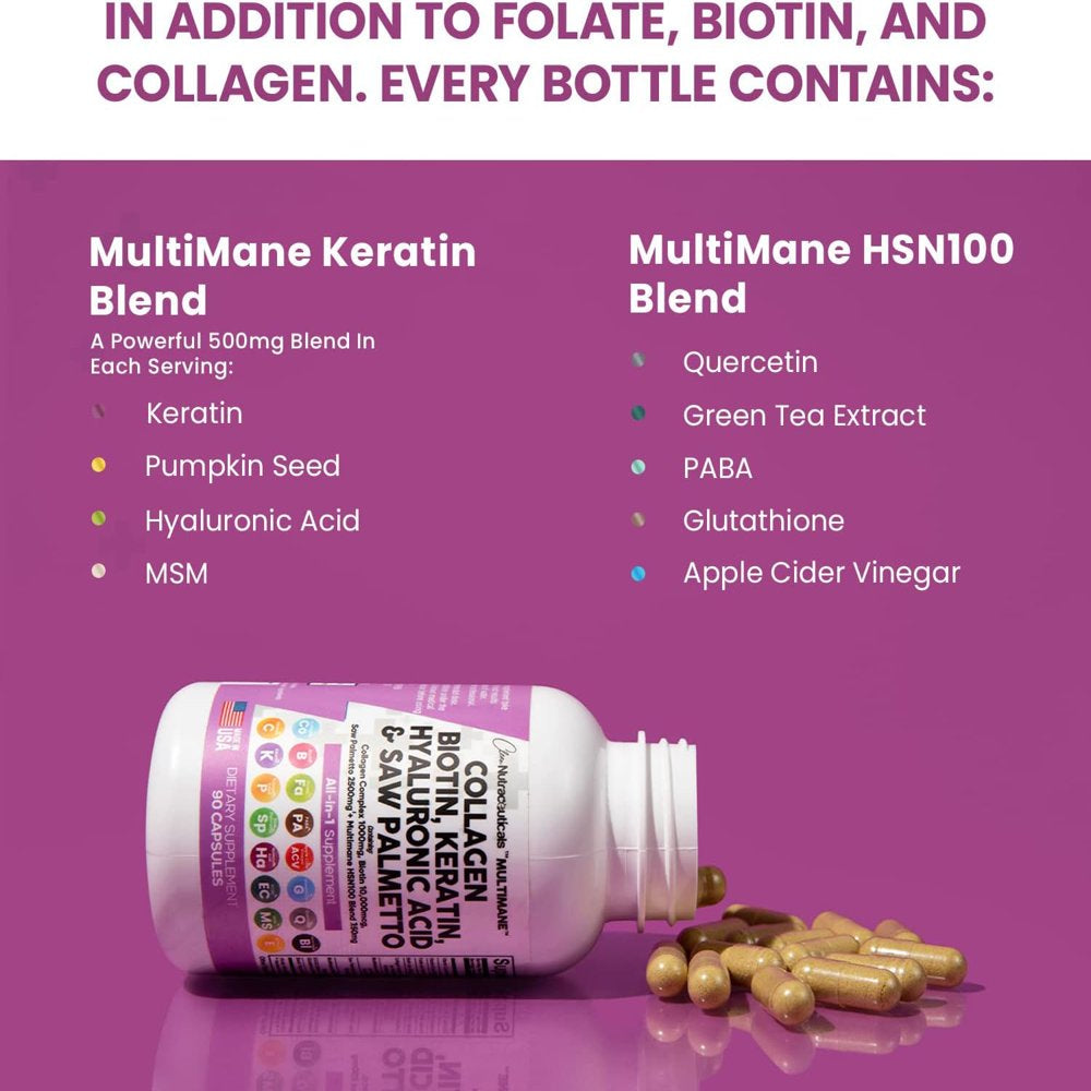 Collagen Pills 1000Mg Biotin 10000Mcg Keratin Saw Palmetto 2500Mg Hyaluronic Acid - Hair Skin and Nails Vitamins and DHT Blocker with Vitamin E Folic Acid Pumpkin Seed MSM - 90 Count