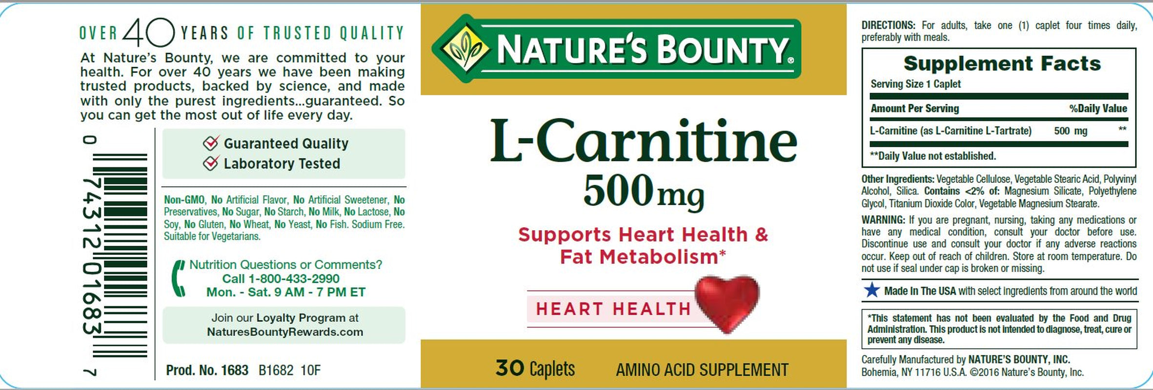 Nature'S Bounty L-Carnitine 500 Mg Caplets for Heart Health Support, 30 Ct