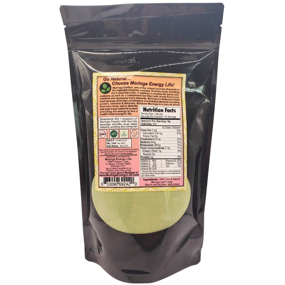 Natural Moringa Leaf Powder by Moringa Energy Life, 93 Nutrients for Wellness, Exercise, Workout Drink, Mix with Smoothies and Juices. 1 Pound