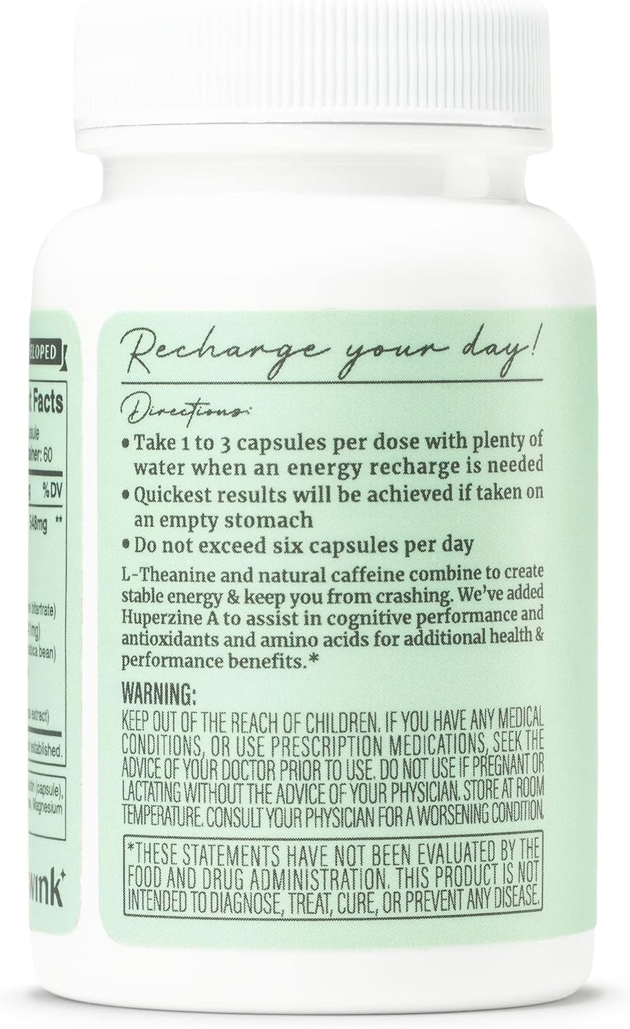 Wink Well Energy Focus + Clarity Boost | Natural Supplement Capsules Formulated with Beta-Alanine L-Theanine & Huperzine-A | Energize Support Cognitive Performance, Memory & Alertness | 60-Count