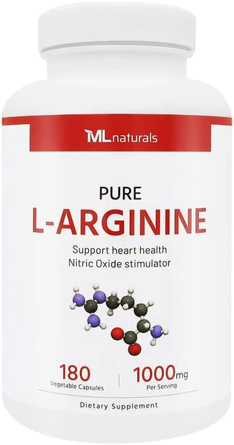 ML Naturals Pure L-Arginine 1000 Mg 180 Vegetable Capsules. Amino Acid, Nitric Oxide Stimulator, and Supports Heart Health.