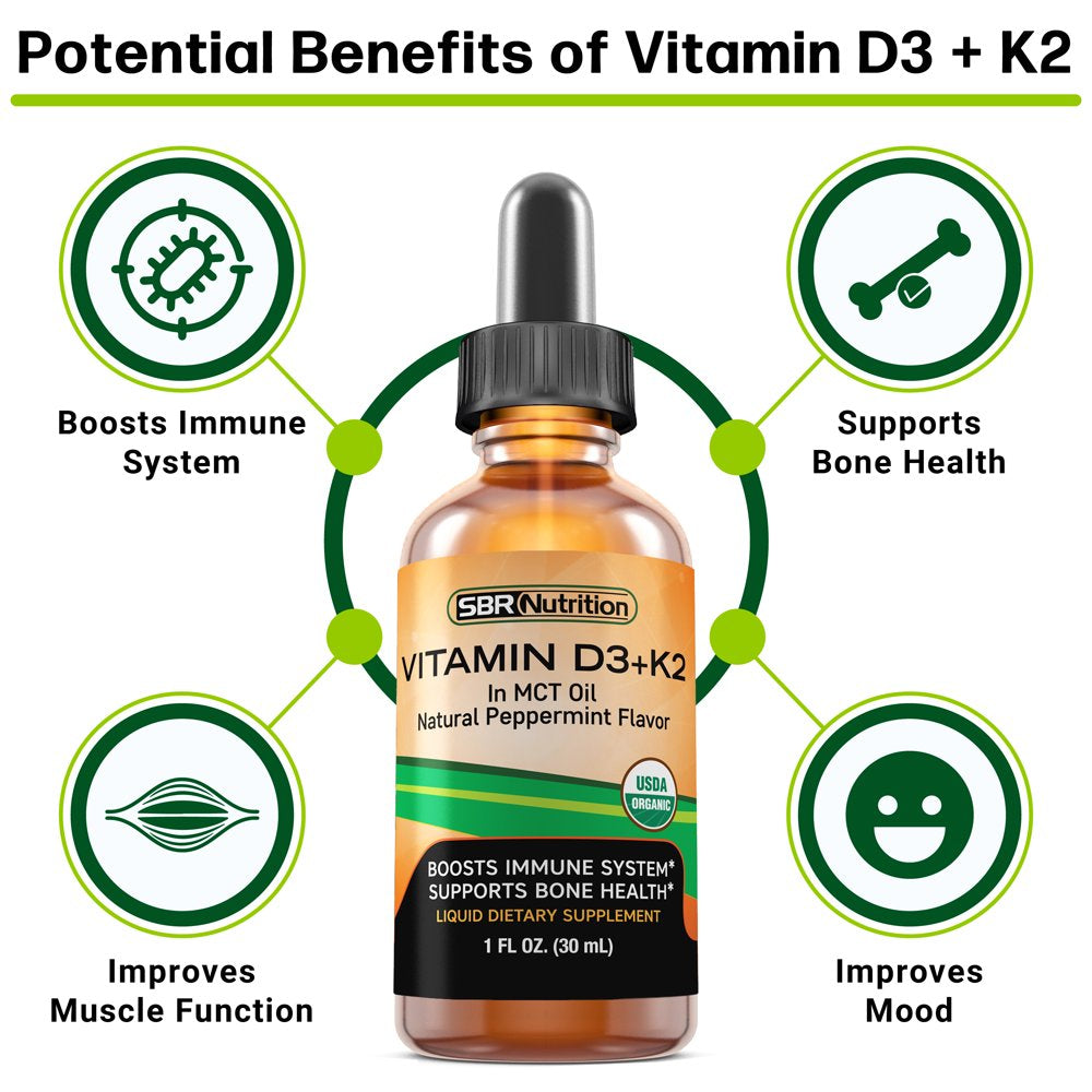 USDA Organic Vitamin D3 + K2 (MK-7) Sublingual Liquid Drops with MCT Oil | Peppermint Flavor | Helps Support Strong Bones and Healthy Heart, Boost Immune System