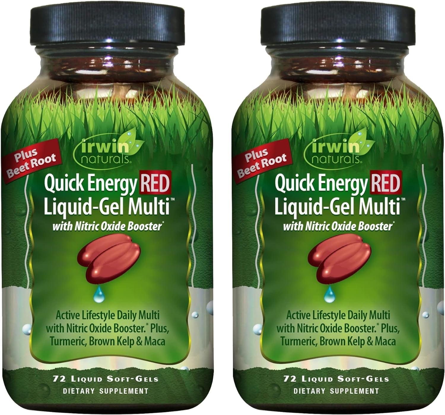 Irwin Naturals Quick Energy RED Liquid-Gel Multi - 72 Liquid Soft-Gels, Pack of 2 - with Nitric Oxide Booster & Super Foods - 72 Total Servings