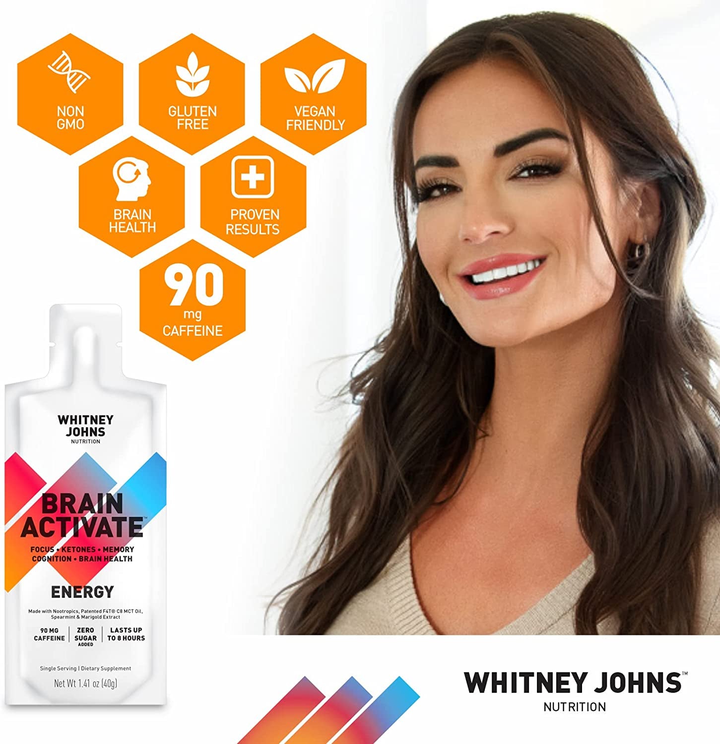 Whitney Johns - Brain Booster Gel Packs, Neuro Enhancer, Brain Supplements for Memory & Focus, Reduce Brain Fog Elevate Ketones, C8 MCT-F4T - Zero Added Sugar, 90Mg Caffeine, 12 Go Anywhere Gel Packs