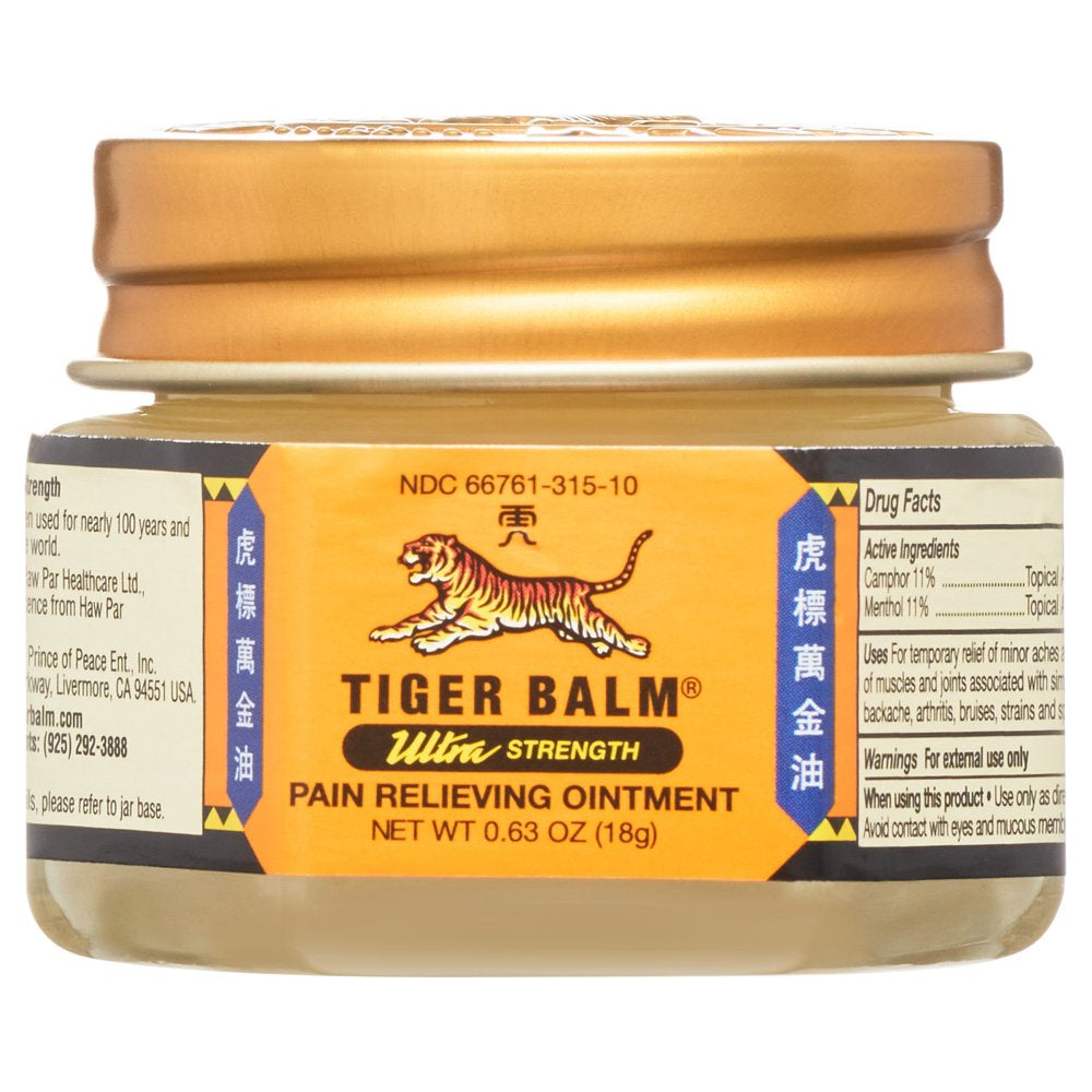 Tiger Balm Ultra Strength Pain Relieving Ointment, 0.63 Oz Jar for Backaches Sore Muscles Bruises and Sprains