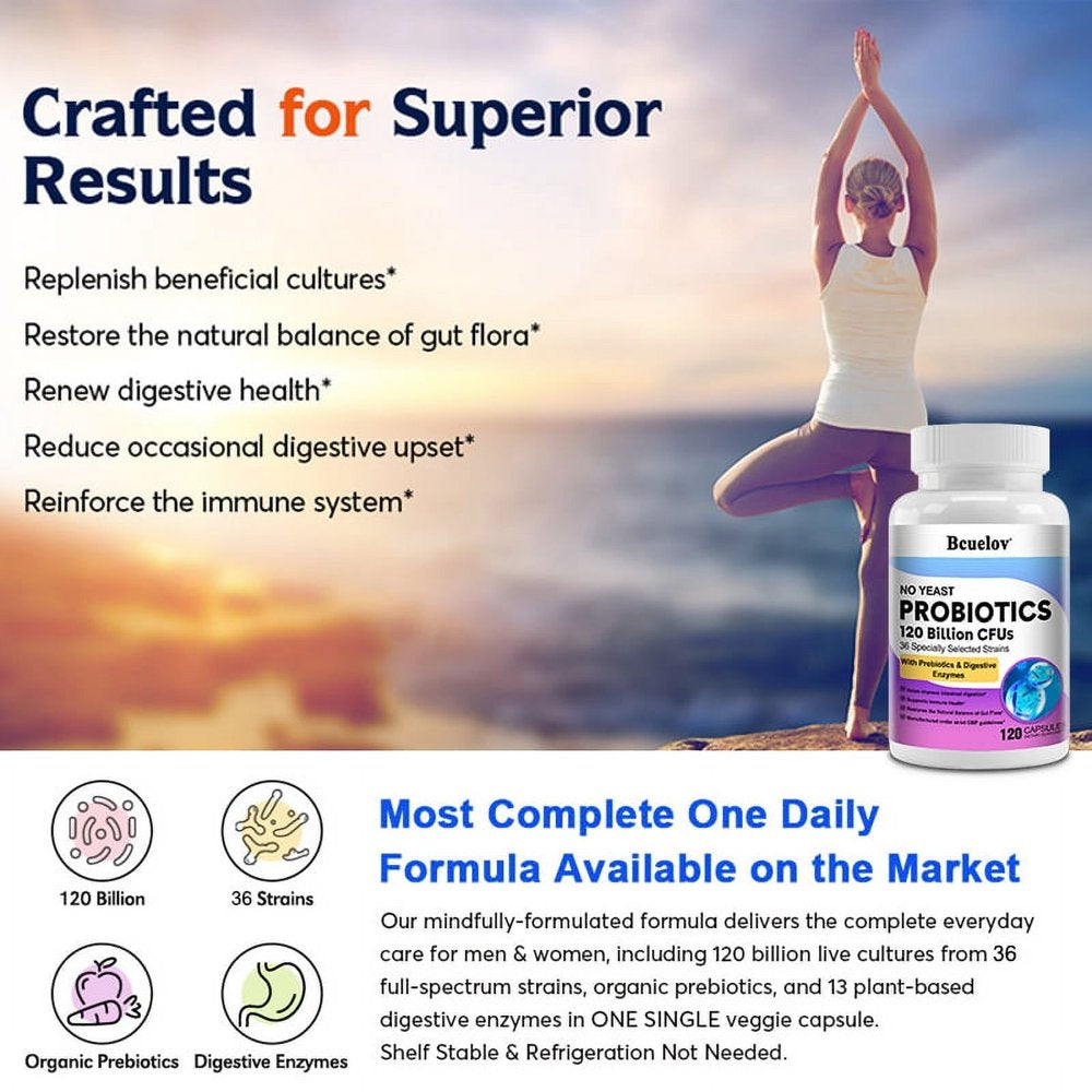 Bcuelov Probiotics 120 Billion CFU - 36 Strains with Prebiotics & Digestive Enzymes, Gut Digestive & Immune Support